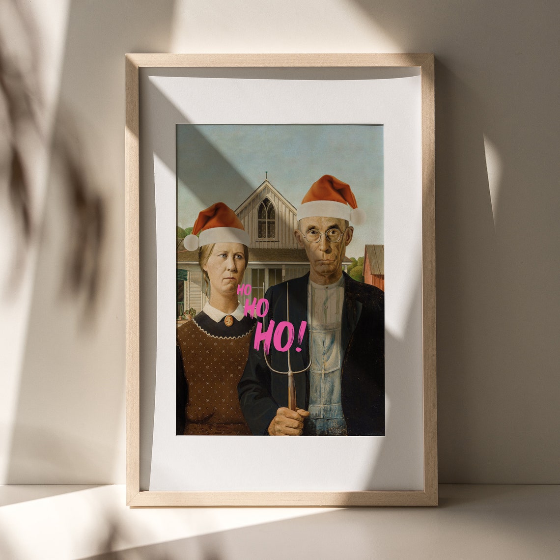 American Gothic Santa Hats Funny Altered Christmas Art Poster - Image 3