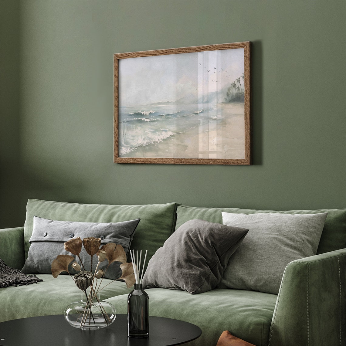 Tropical Beach With Palm Trees Gentle Waves and Distant Peaks Poster - Image 5