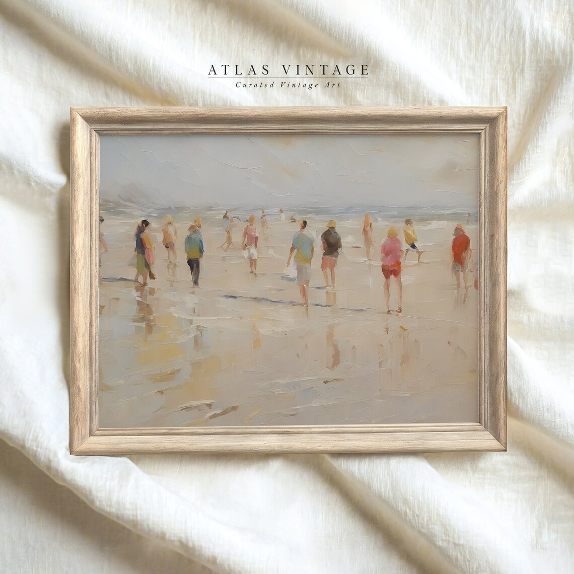Impressionist Beach People Wading Shoreline Coastal Painting Vintage Wall Art