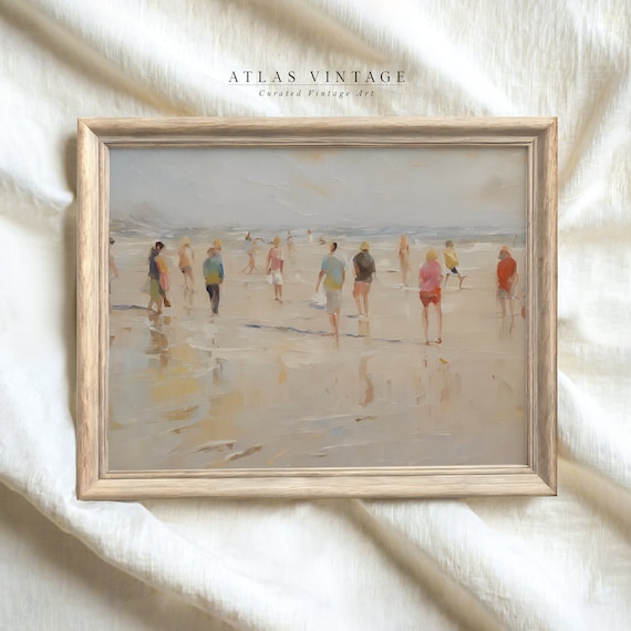 Impressionist Beach People Wading Shoreline Coastal Painting Vintage Wall Art