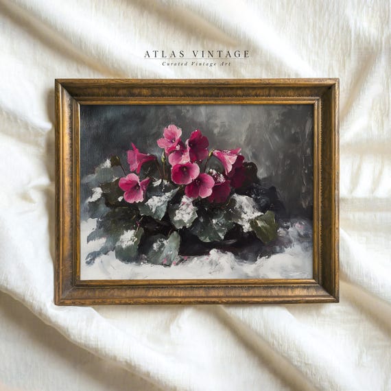 Cyclamen Flower Vase In Snow Painting Print Vintage Purple Floral Winter Wall Decor Dark Moody Christmas Wall Art Print