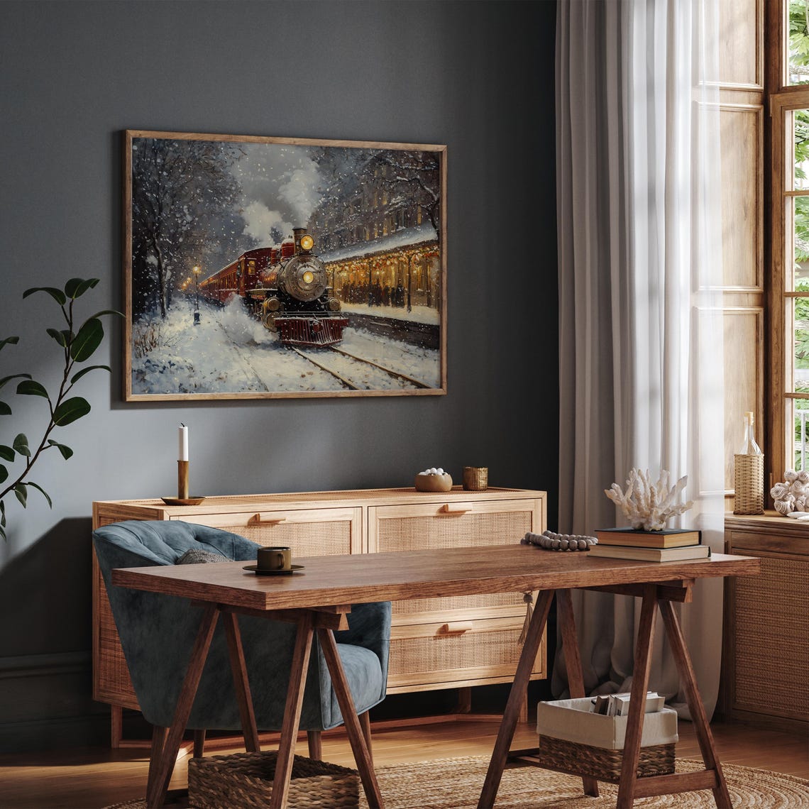 Christmas Express Train Snowy Railroad Station Winter Painting Poster - Image 4