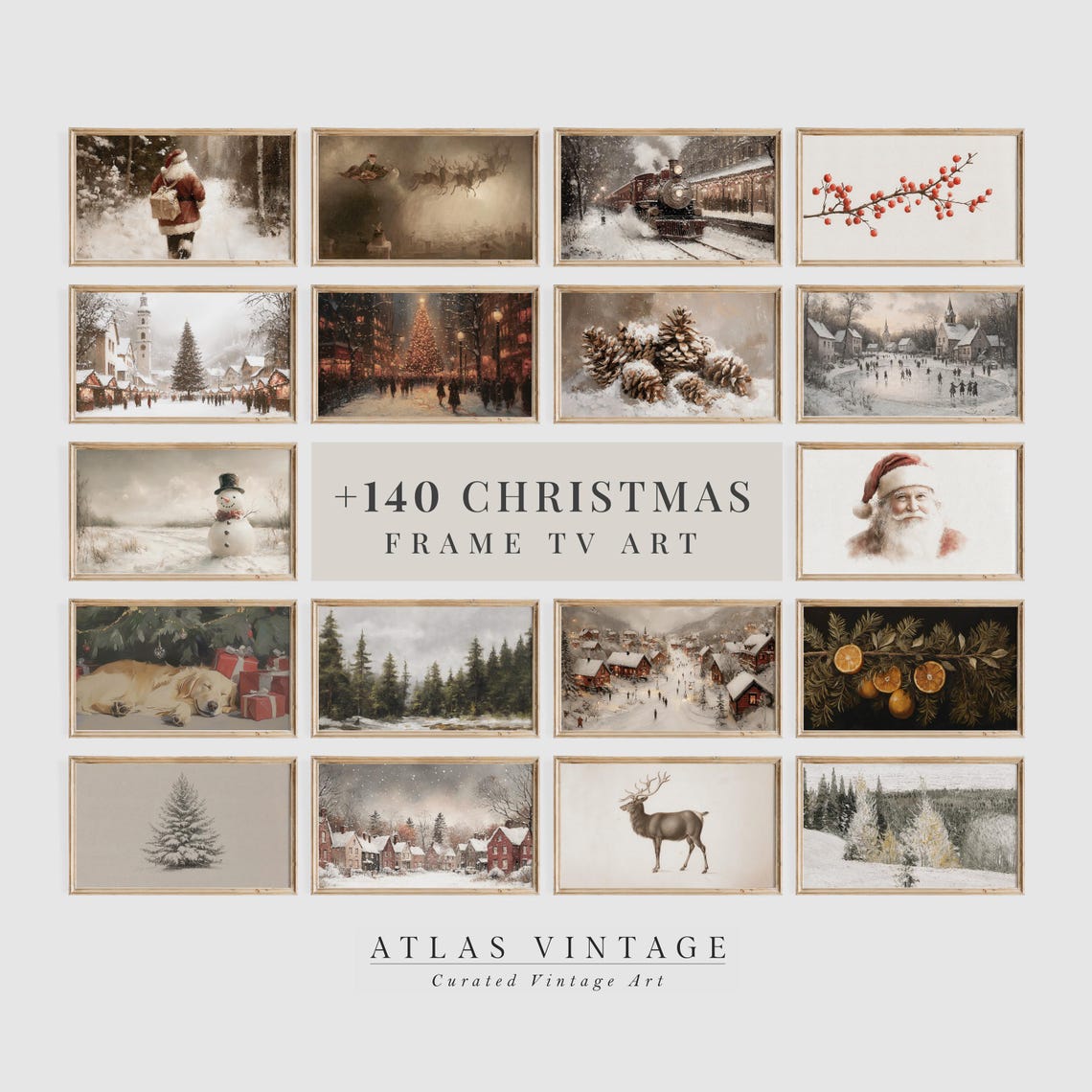 Vintage Christmas Art Bundle Poster 20 Cozy Winter Holiday Scenes Set