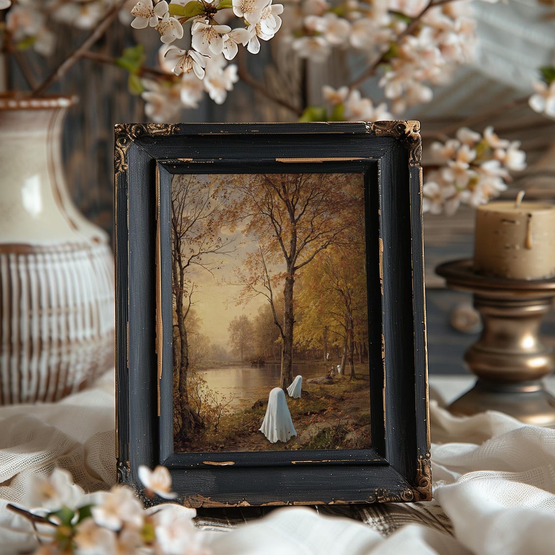 Cute Ghosts Hiding in Autumn Forest Lake Print Vintage Spooky Fall Art - Image 6