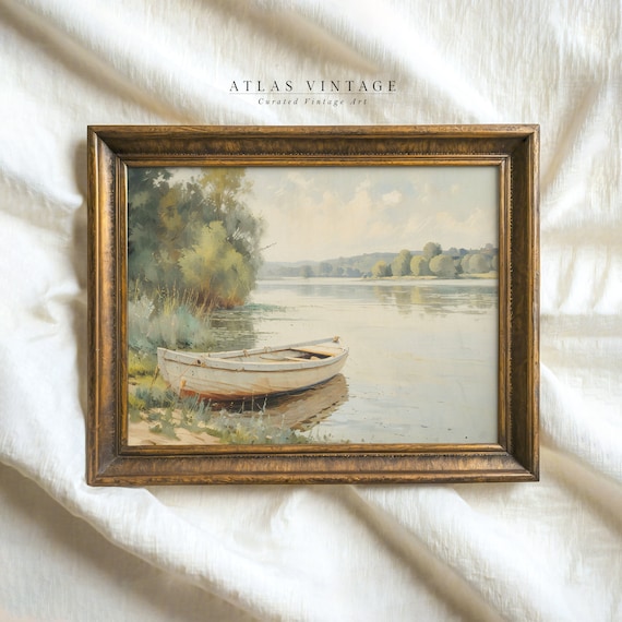 Vintage Summer Lake With White Rowboat Calm Water Landscape Painting Poster