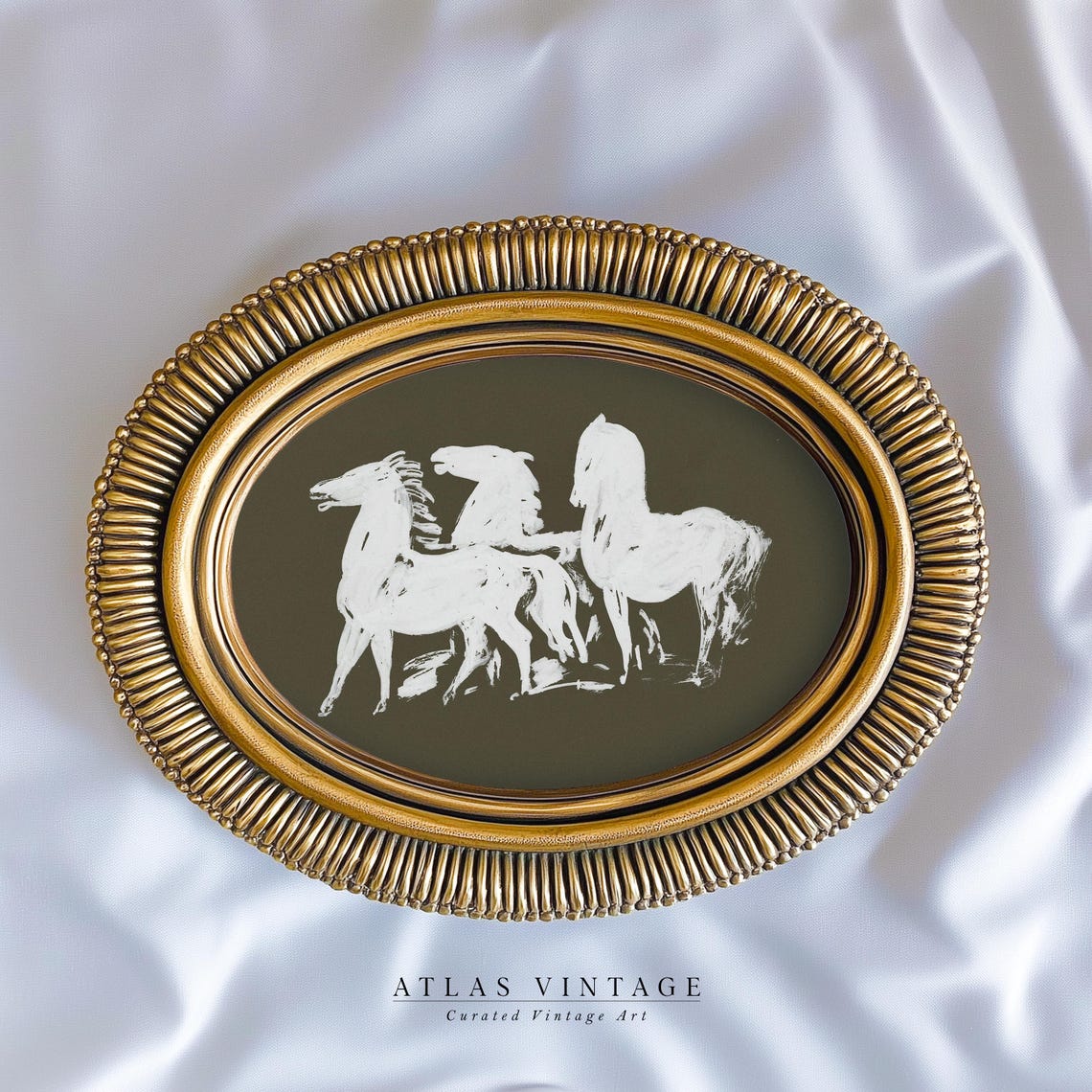 Three White Horses Sketch on Dark Olive Equestrian Vintage Wall Art - Image 8