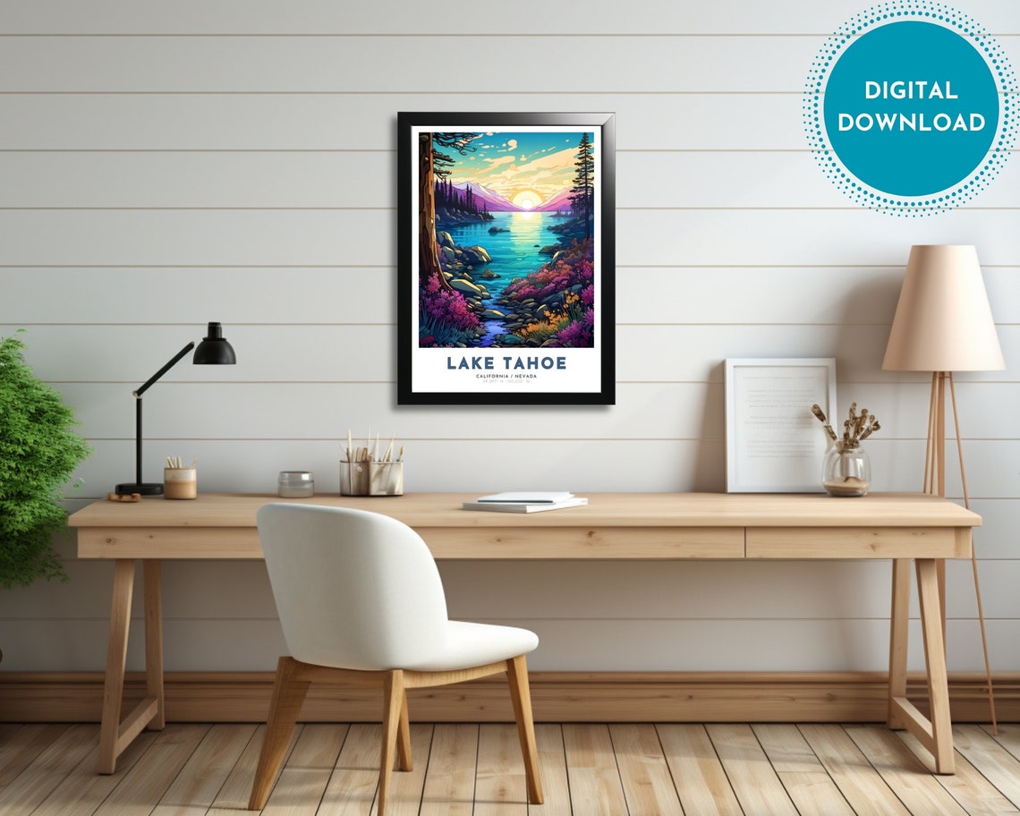 Lake Tahoe Travel Poster Of California Nevada Art Nouveau Gift For Lovers Of Tahoe Wall Art Decor Of Tahoe Painting - Image 2