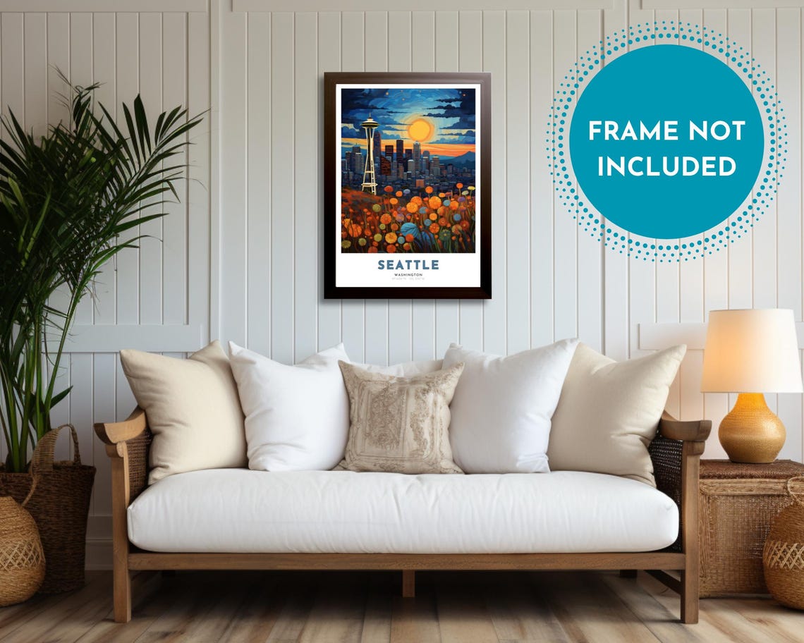 Seattle Travel Poster Of Washington Art Nouveau Gift For Lovers Of Seattle Washington Wall Art Decor Print Of Puget Sound Painting - Image 2