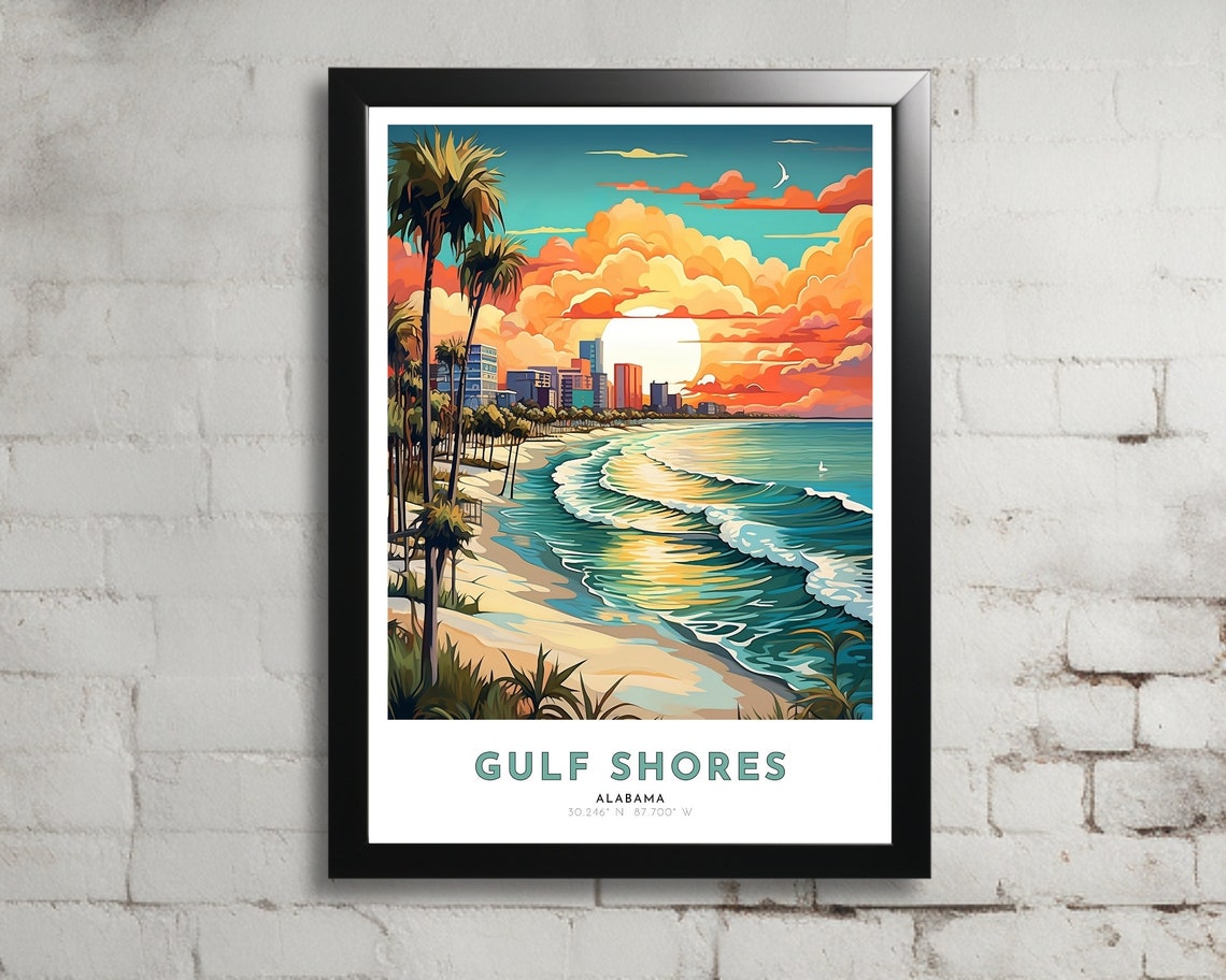 Gulf Shores Alabama Beach Sunset Palm Trees Ocean Waves Poster