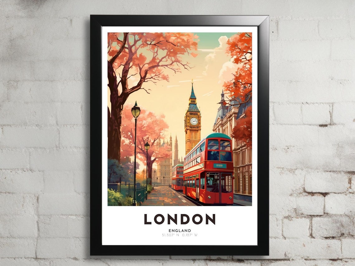 London England Big Ben Double Decker Bus Autumn Street Poster