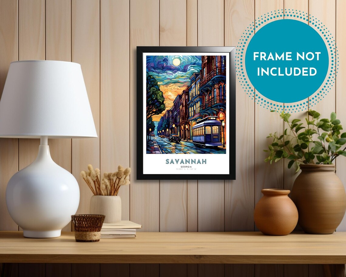 Savannah Georgia Trolley Street Stained Glass Night Scene Poster - Image 3