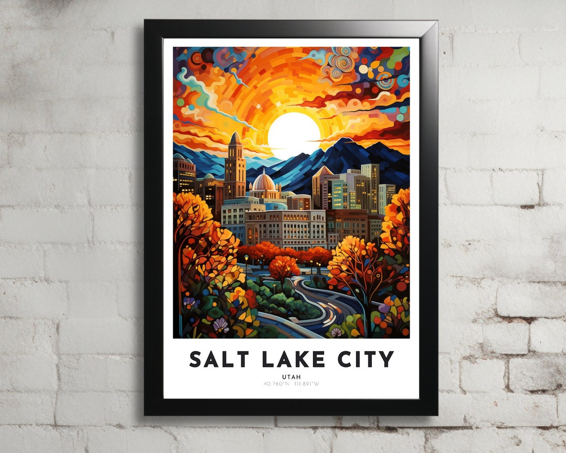 Salt Lake City Travel Poster Of Utah Art Nouveau Gift For Lovers Of Salt Lake City Utah Wall Art Decor Print Of Great Salt Lake Painting