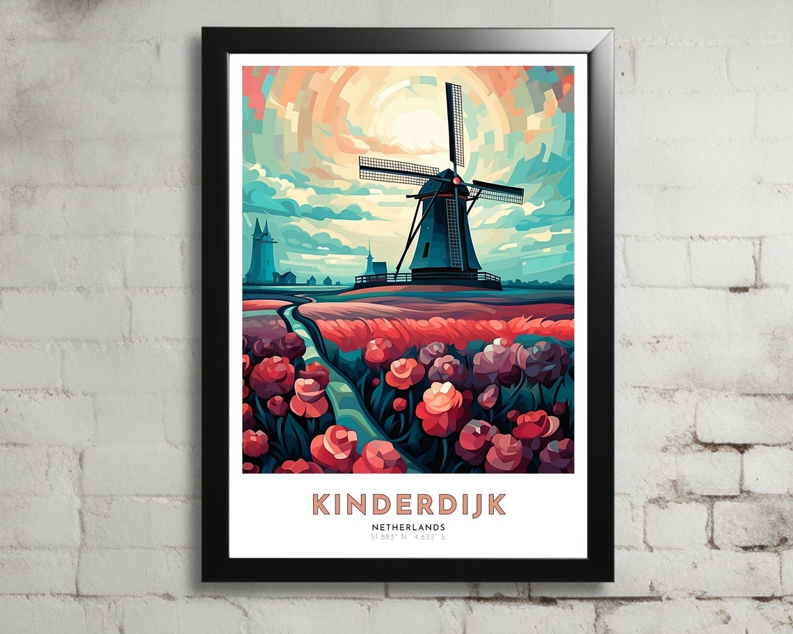 Kinderdijk Netherlands Windmill Tulip Fields Sunset Travel Poster