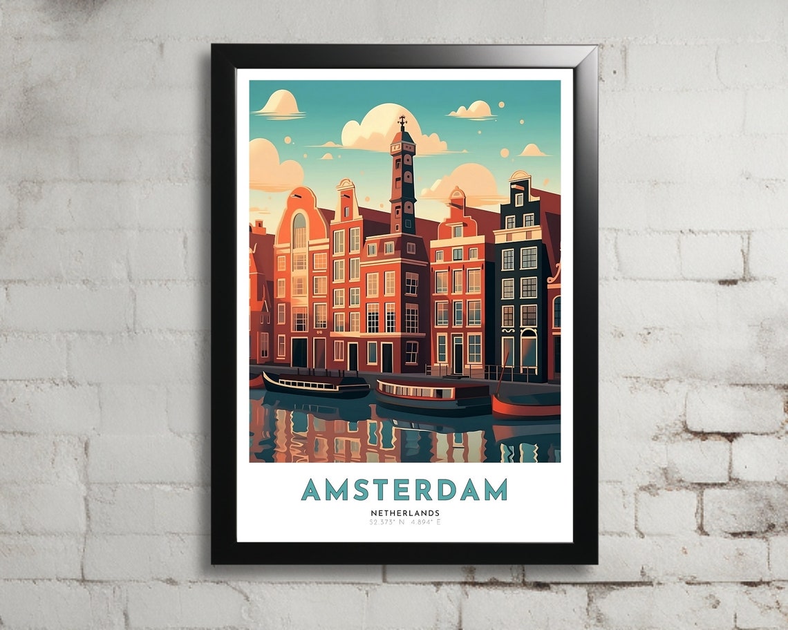 Amsterdam Netherlands Canal Houses Boats Reflection Travel Poster
