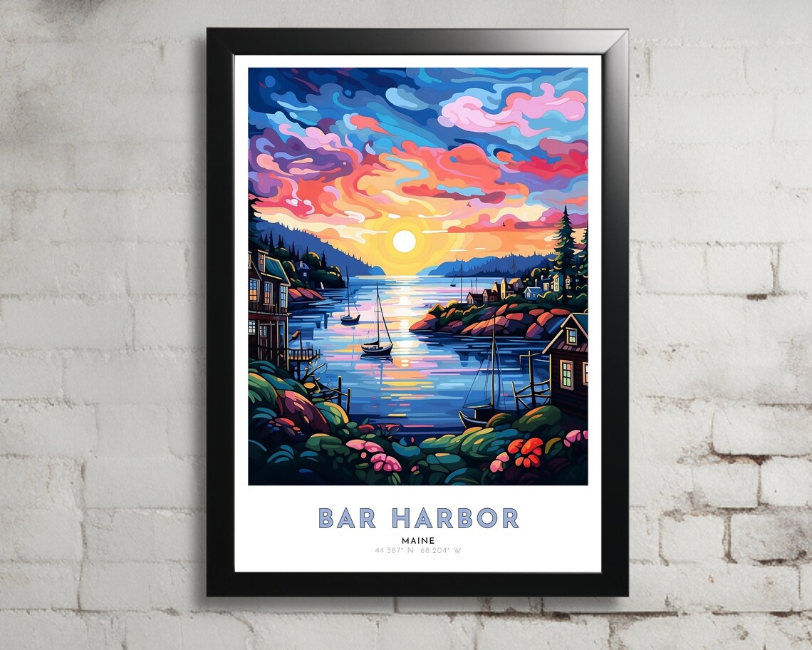 Bar Harbor Maine Sunset Sailboats Harbor Village Travel Art Poster