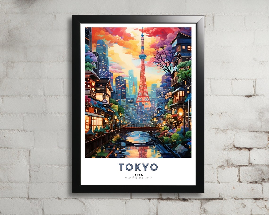 Tokyo Japan Night Canal Tower Lights Lantern Old Town Poster