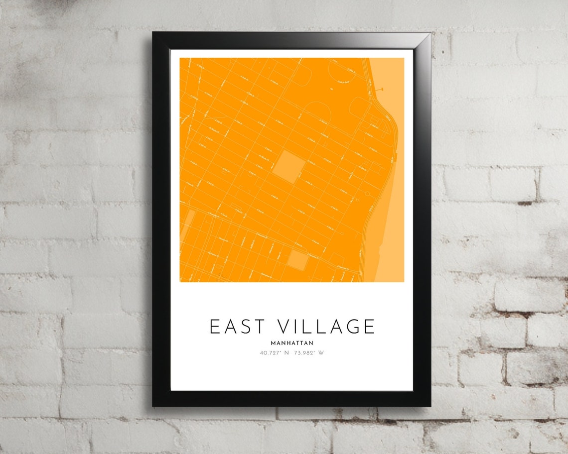 East Village Manhattan Orange Street Map Modern NYC Art Poster
