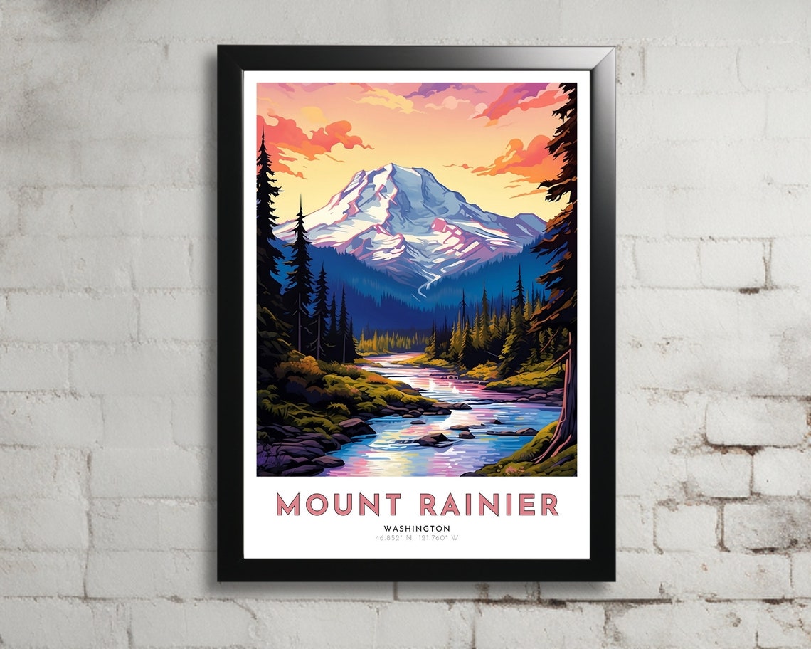Mount Rainier Travel Poster Of Washington Art Nouveau Gift For Lovers Of Mount Rainier Wall Art Decor Of Rainier Painting
