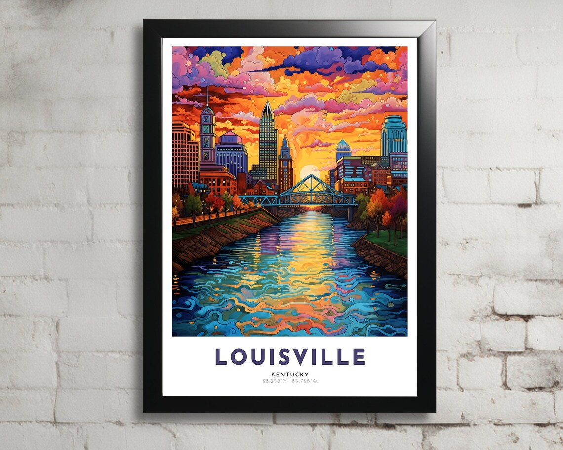 Louisville Kentucky Sunset Skyline River Bridge Travel Poster