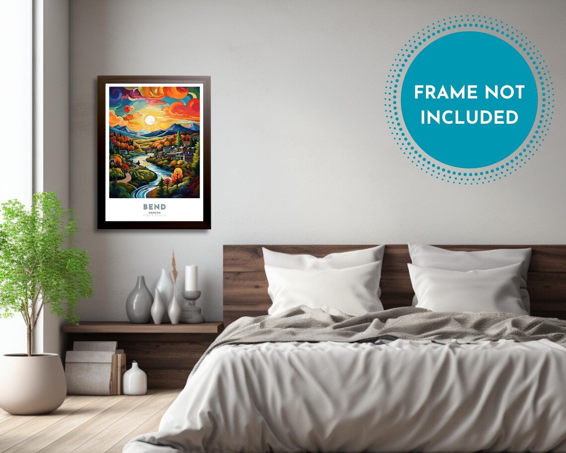 Bend Oregon River Valley Sunset Mountain Town Scene Travel Poster - Image 3