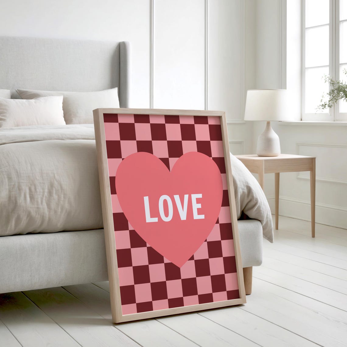 Retro Pink Love Heart On Checkered Pattern Valentines Poster