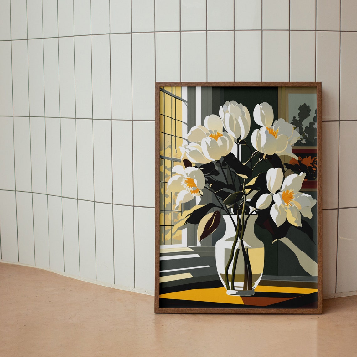 Pure White Tulips Sunlit Window Vase Floral Illustration Poster - Image 2