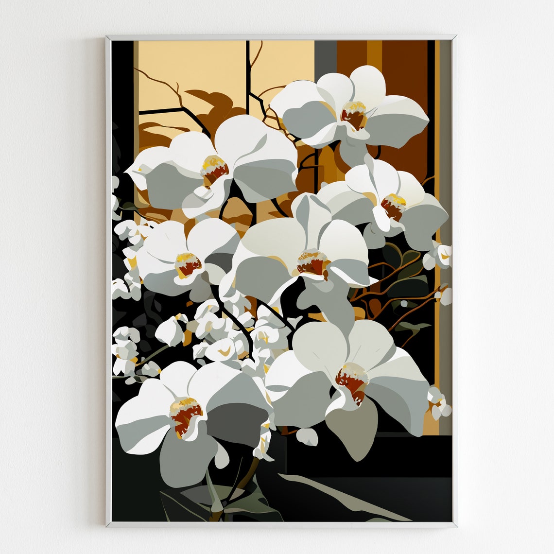 Glowing White Orchids Dark Elegant Floral Illustration Poster