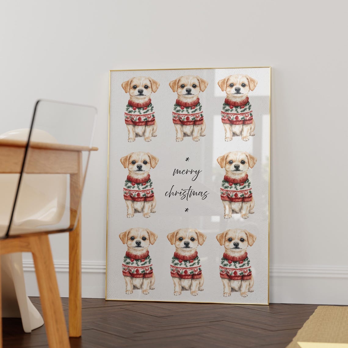 Puppies Watercolor Illustration Poster Pretty Puppy Print Merry Christmas Art Xmas Home Decor Animal Print Cute Pet Portrait Dog Print - Image 6