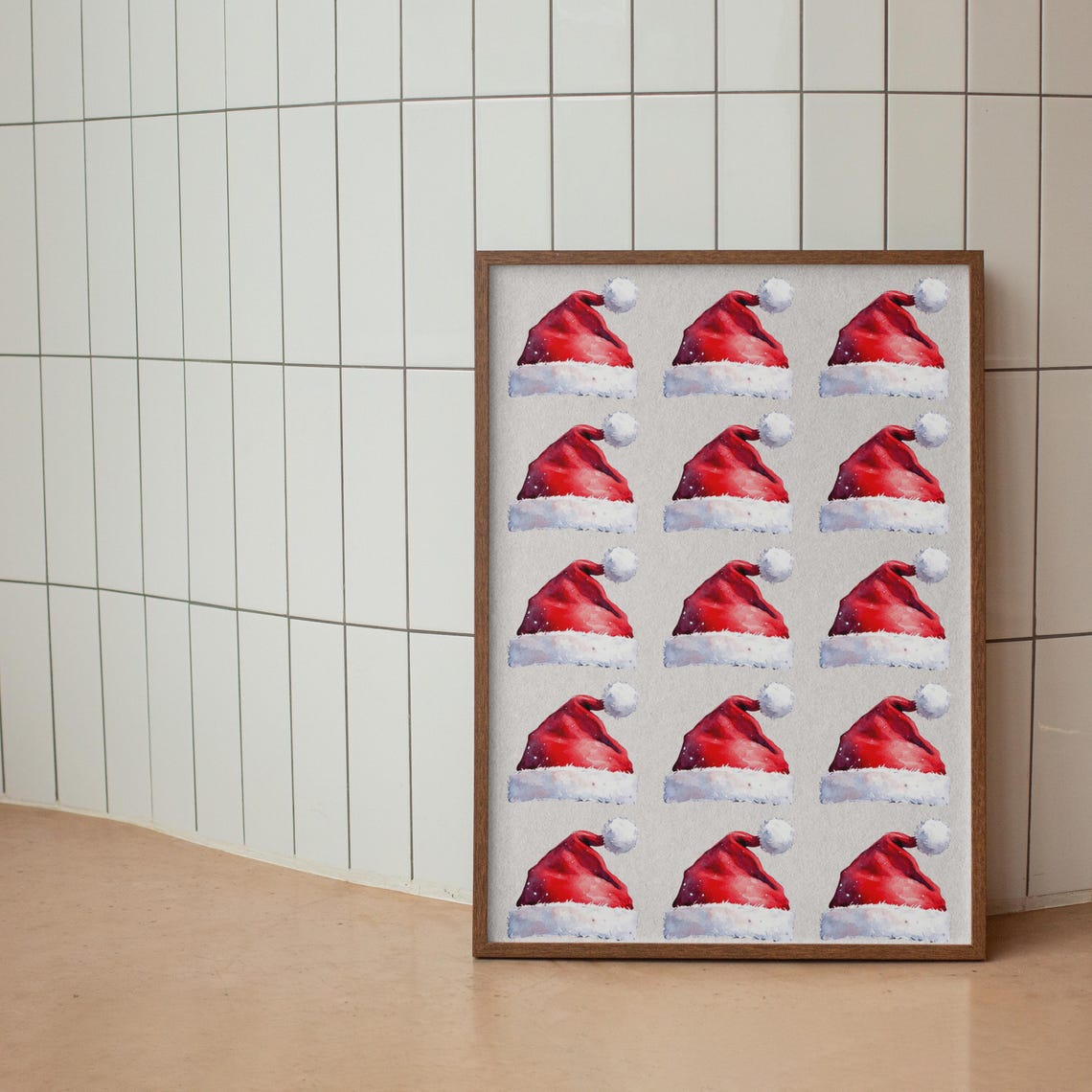 Watercolor Santa Hats Repeating Christmas Pattern Holiday Wall Art - Image 2