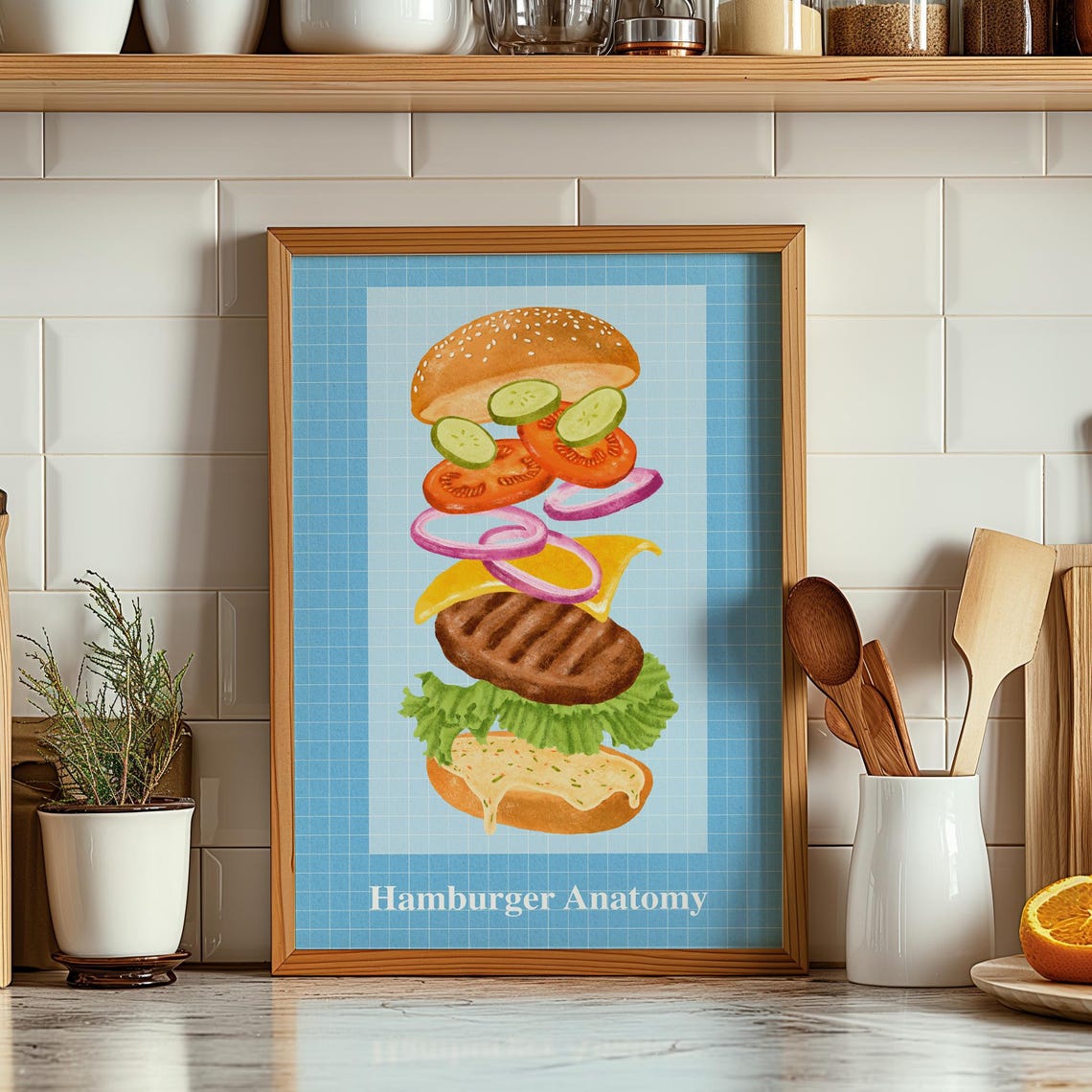Hamburger Anatomy Exploded Burger Food Illustration Wall Art