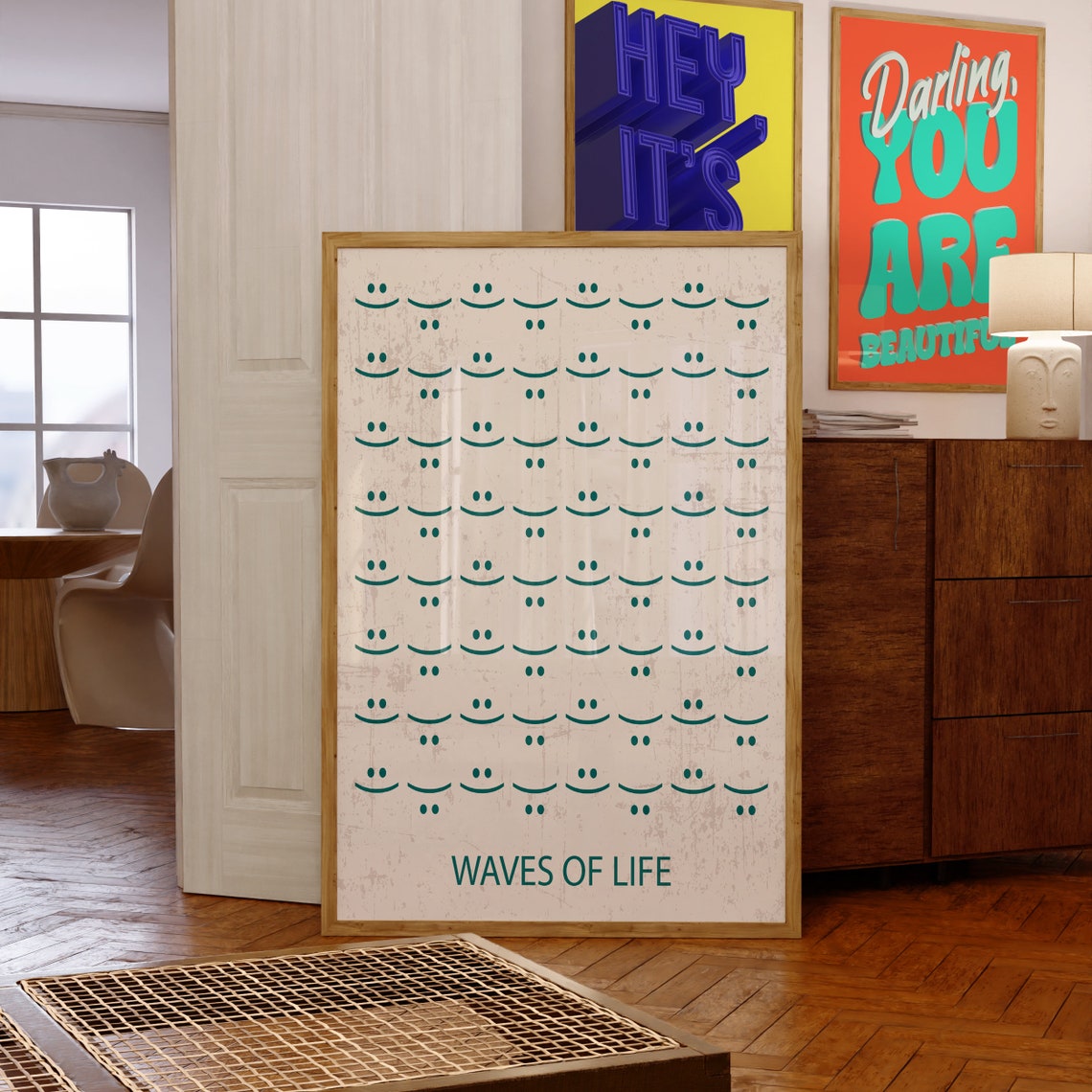 Waves Of Life Teal Smiley Faces Pattern Minimalist Positive Poster - Image 2