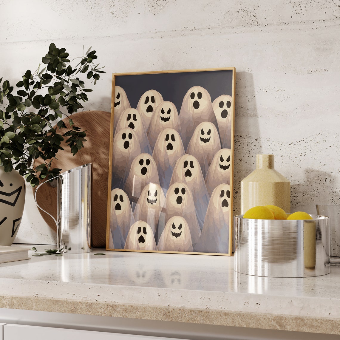 Cute Sheet Ghosts Pattern Funny Faces Navy Blue Adorable Poster - Image 2