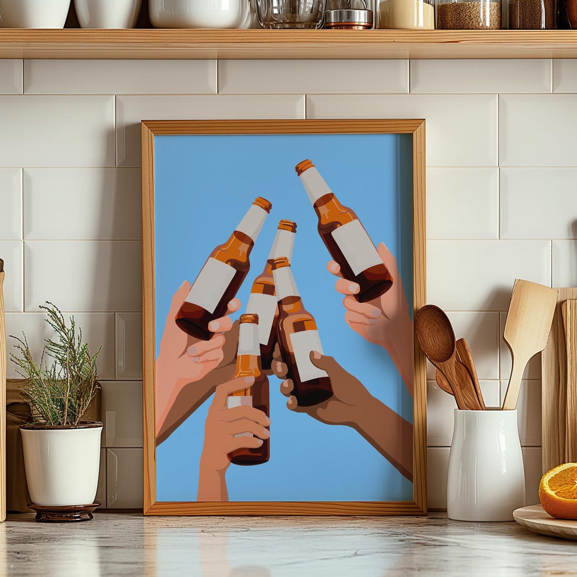 Cheers Beer Bottles Toast Hands Blue Background Fun Bar Poster