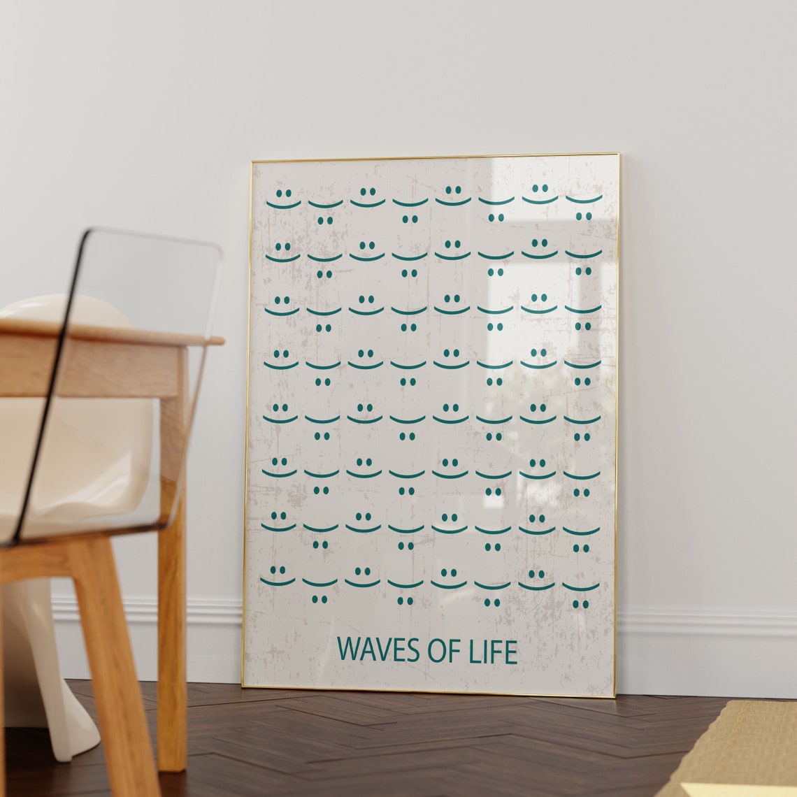 Waves Of Life Teal Smiley Faces Pattern Minimalist Positive Poster