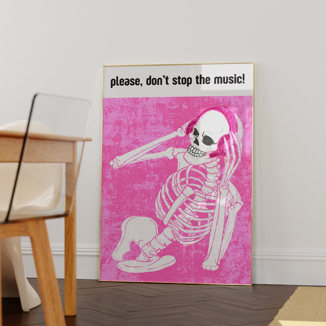 Dont Stop The Music Dancing Skeleton Pink Headphones Party Art Poster
