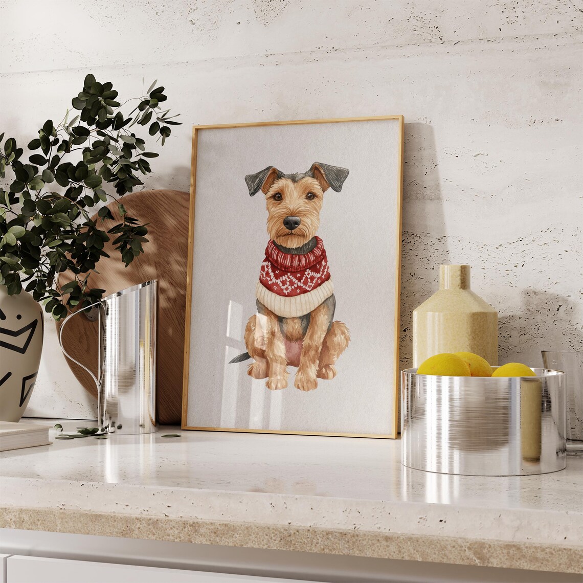Terrier Dog Red Christmas Sweater Watercolor Cute Holiday Pet Portrait Print