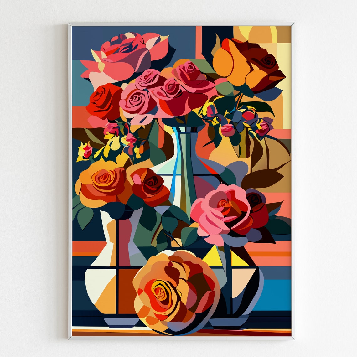 Colorful Roses In Geometric Vases Bold Modern Floral Art Poster