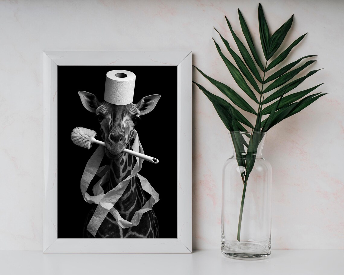 Funny Giraffe with Toilet Roll Hat and Brush Black and White Bathroom Poster