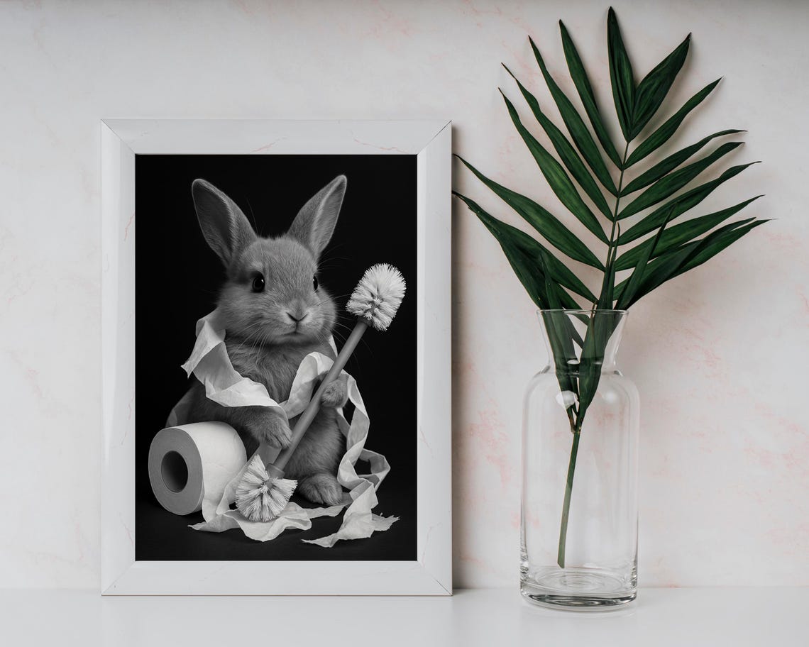 Funny Rabbit Holding Toilet Brush Bathroom Humor Black White Poster
