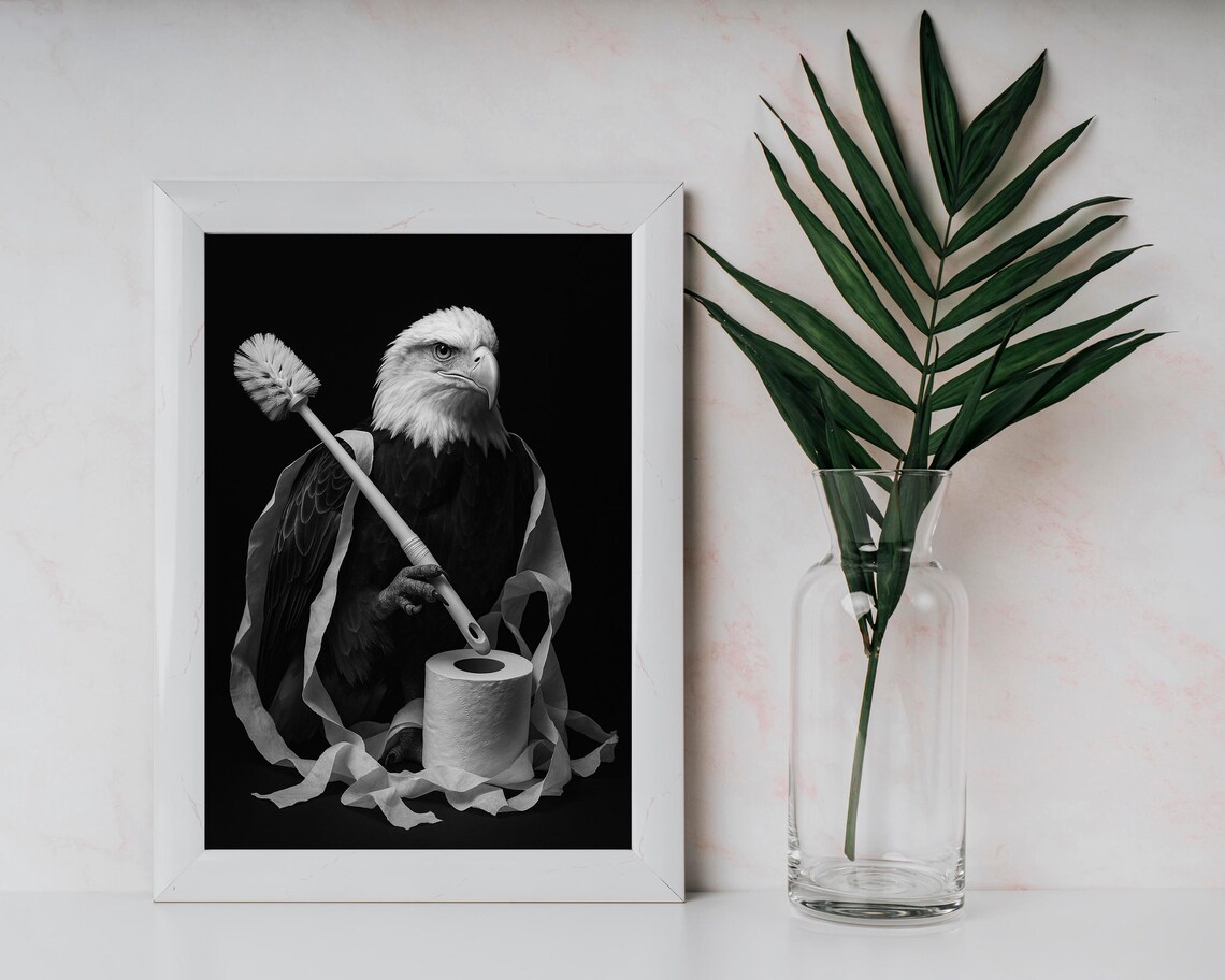 Bald Eagle with Toilet Brush and Paper Funny Black and White Bathroom Poster