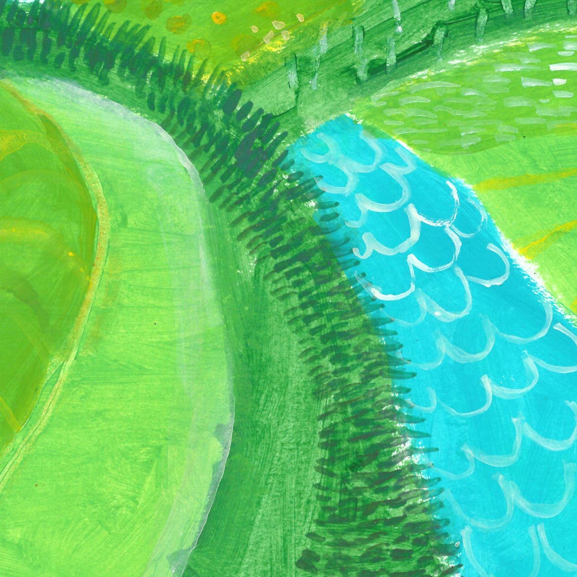 Charming Folk Art Landscape Green Hills Winding River Poster - Image 3