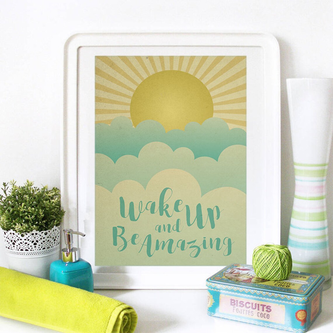 Wake Up and Be Amazing Sunrise Clouds Vintage Script Quote Poster - Image 2