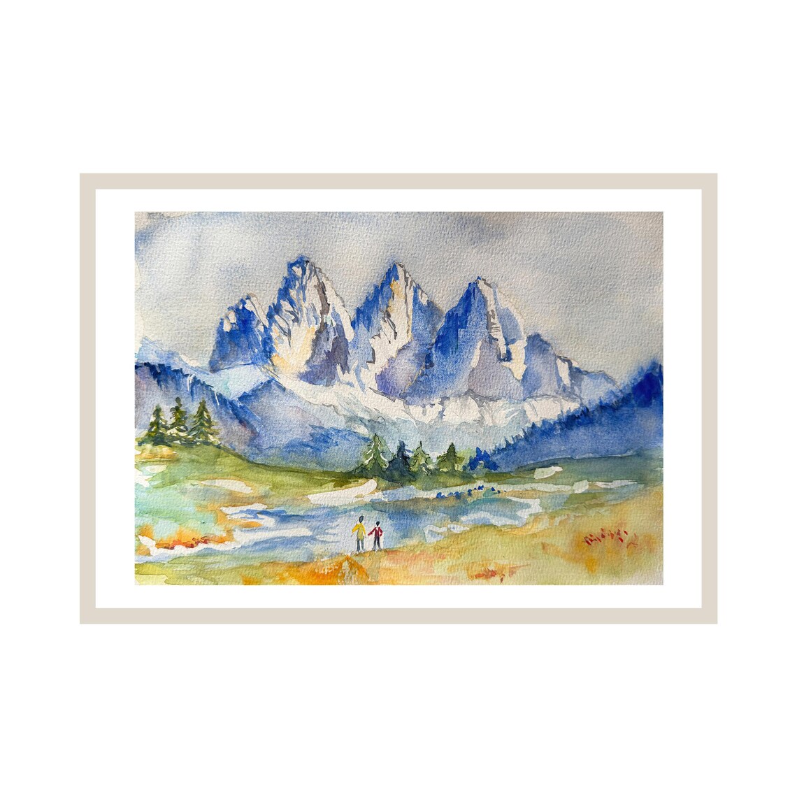 Tre Cime Di Lavaredo Dolomites Hikers Watercolor Travel Poster
