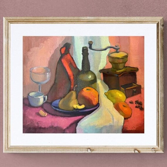 Rustic Fruit Still Life Oil Painting with Vintage Coffee Grinder Poster