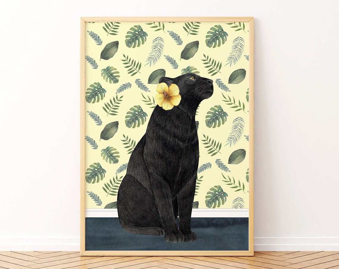 Panther Jungle Illustration Art Print, Tropical Safari
