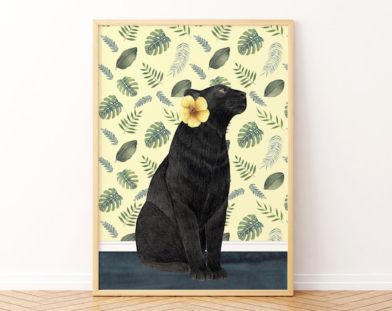Panther Jungle Illustration Art Print, Tropical Safari