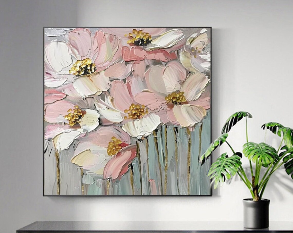 Pink Blossom Flowers with Gold Stamen Textured Fine Art Poster - Image 6