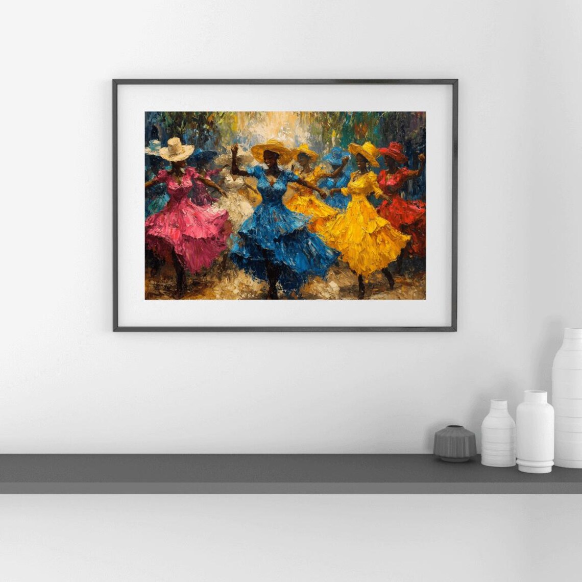 Joyful Dancing Women Colorful Ruffled Dresses Festival Oil Painting Wall Art - Image 4