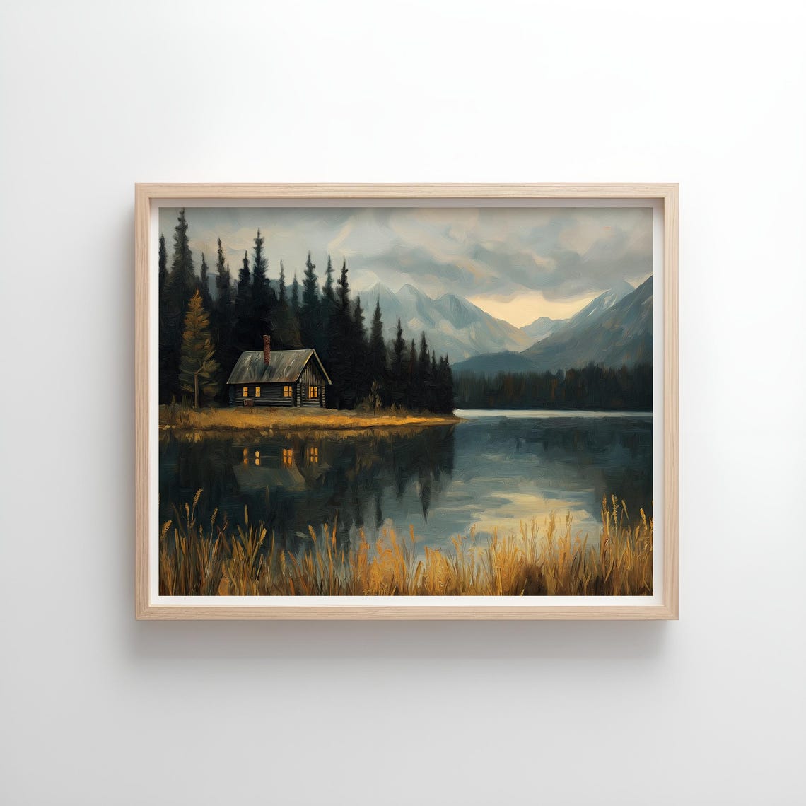 Cozy Lakeside Cabin Wall Art Serene Mountain Landscape Painting Rustic Nature Scene - Image 4