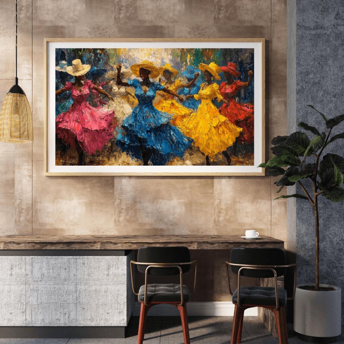 Joyful Dancing Women Colorful Ruffled Dresses Festival Oil Painting Wall Art - Image 2